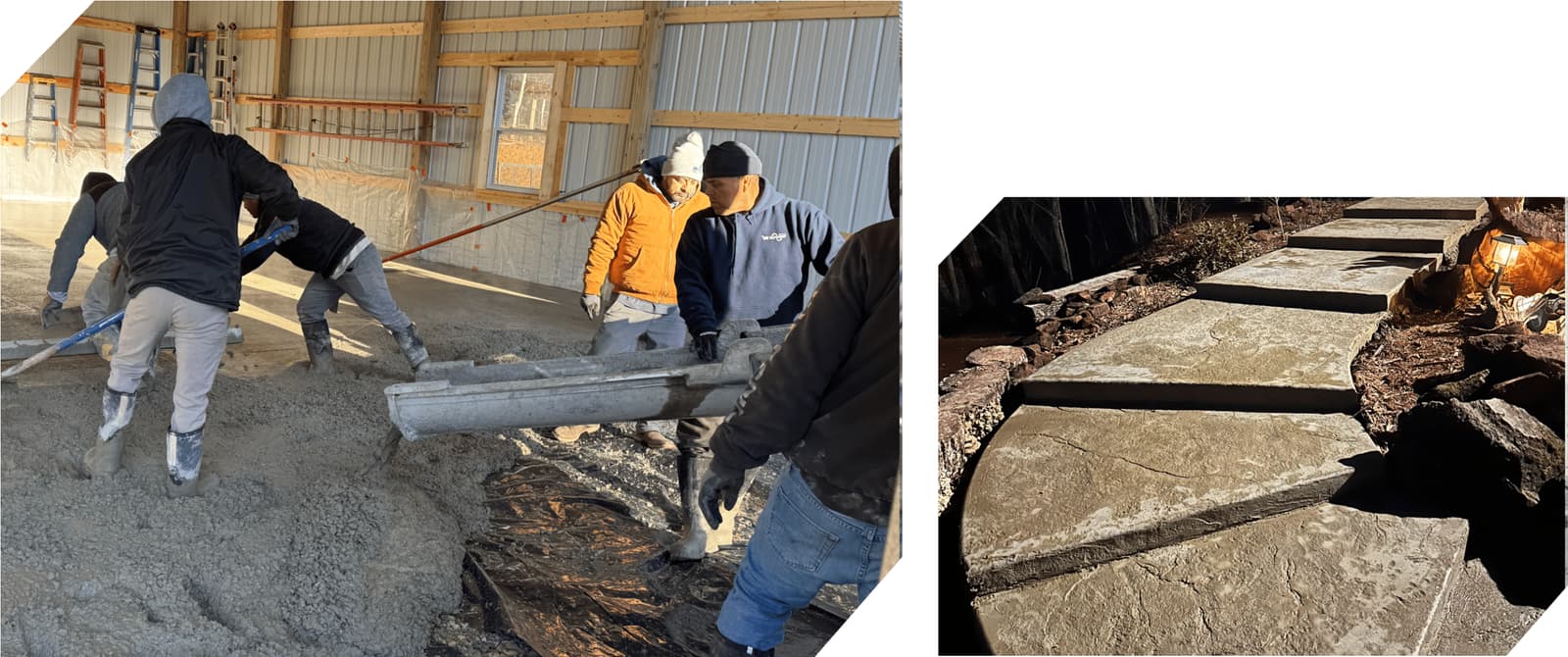 Son Concrete crew placing concrete inside a steel building, and a finished stamped-concrete walkway